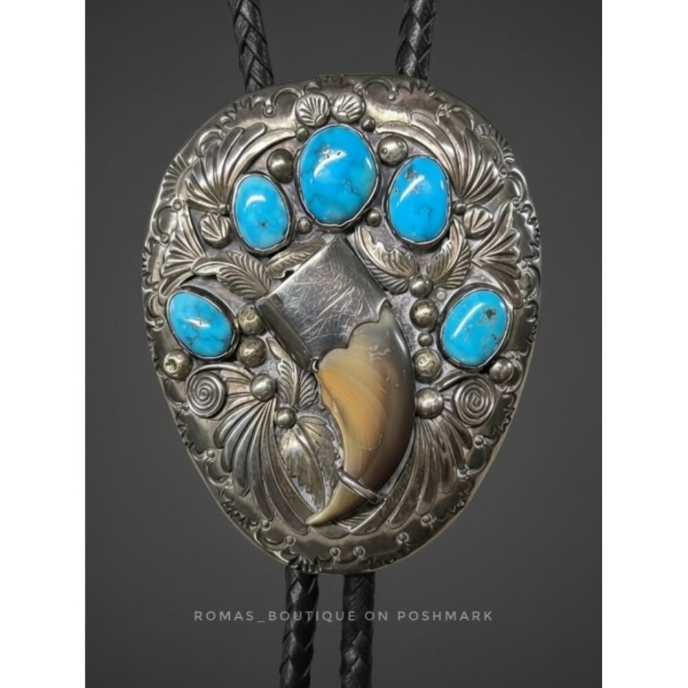 Vintage sterling silver and turquoise Native American bolo tie by Raymond Yazzie